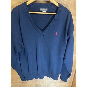 Andrew Rohan Mens Navy Blue V-Neck Sweater Embroidered Owl Logo Made in USA